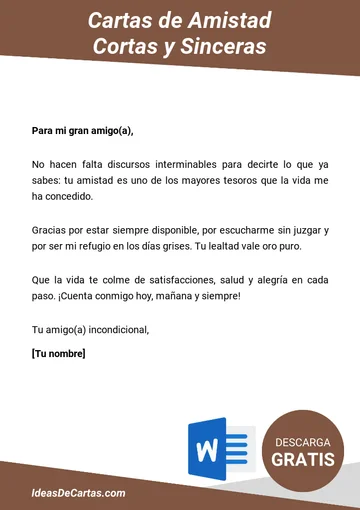 Plantilla de Cartas de Amistad Cortas y Sinceras para descargar y editar en Microsoft Word