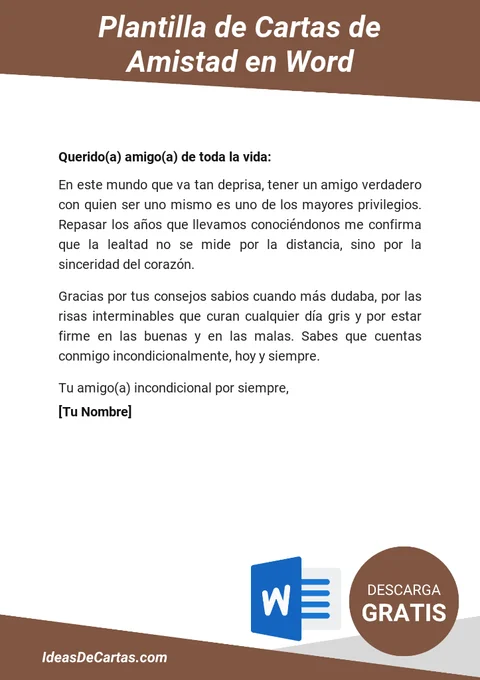Plantilla de Plantilla de Cartas de Amistad (.docx) lista para descargar en Word