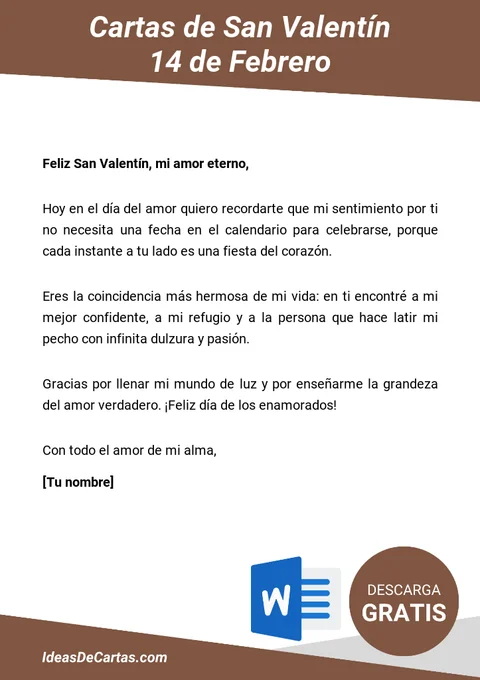 Plantilla de Cartas de San Valentín: Mensajes Románticos para el 14 de Febrero para editar en Word (.docx)