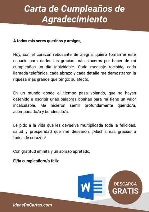 Plantilla de Carta de Agradecimiento de Cumpleaños para descargar y editar en Microsoft Word