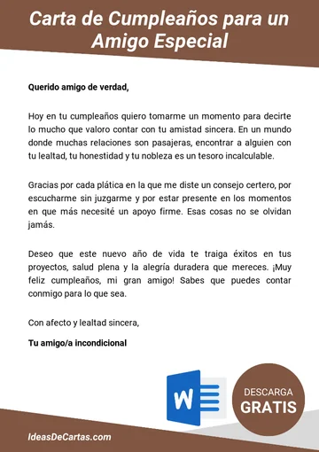 Plantilla de Carta de Cumpleaños para un Amigo Especial para descargar y editar en Microsoft Word