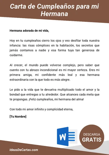 Plantilla de Carta de Cumpleaños para mi Hermana para descargar y editar en Microsoft Word