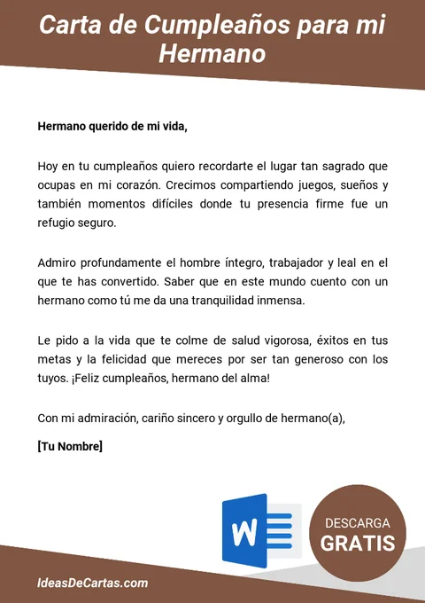 Plantilla de Carta de Cumpleaños para mi Hermano para descargar y editar en Microsoft Word