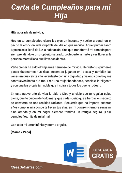 Plantilla de Carta de Cumpleaños para mi Hija para descargar y editar en Microsoft Word