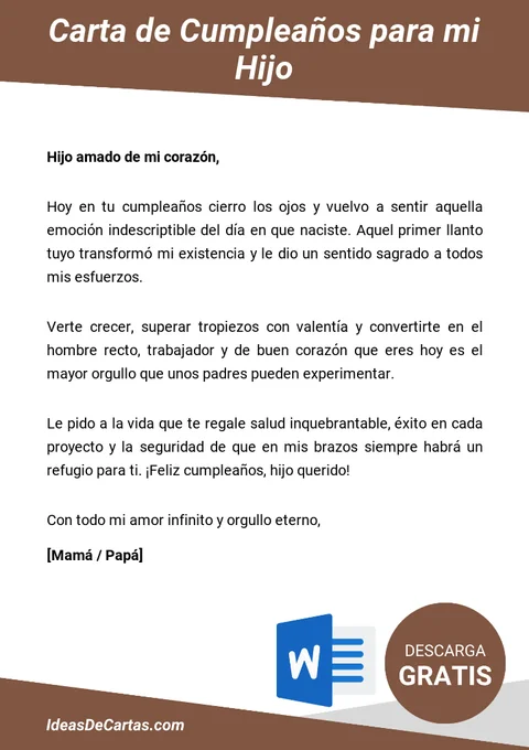 Plantilla de Carta de Cumpleaños para mi Hijo para descargar y editar en Microsoft Word