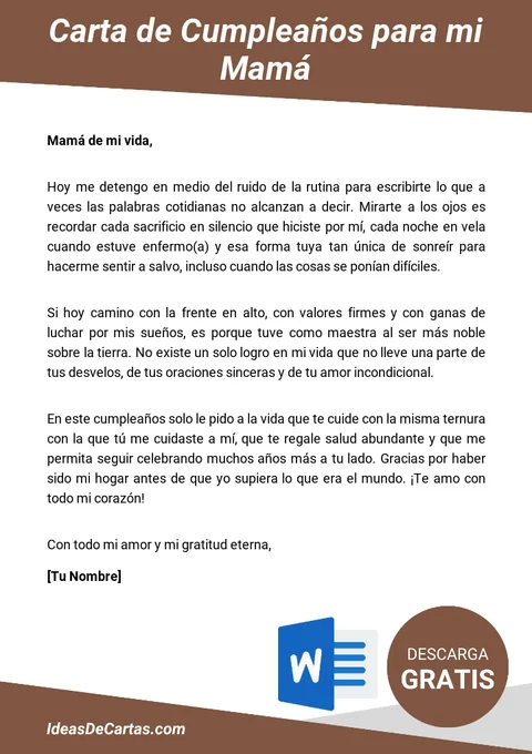 Plantilla de Carta de Cumpleaños para mi Mamá para descargar y editar en Microsoft Word
