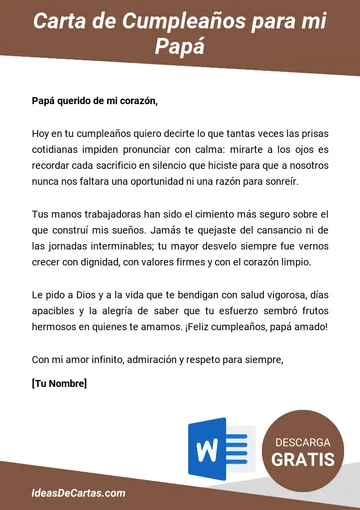Plantilla de Carta de Cumpleaños para mi Papá para descargar y editar en Microsoft Word