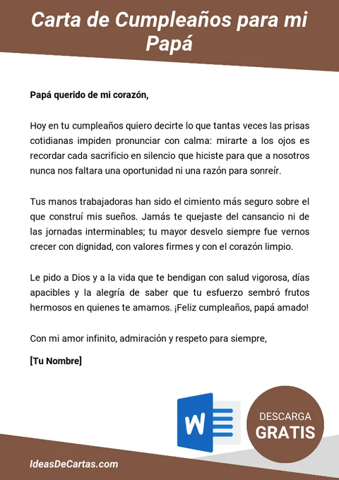 Plantilla de Carta de Cumpleaños para mi Papá para descargar y editar en Microsoft Word