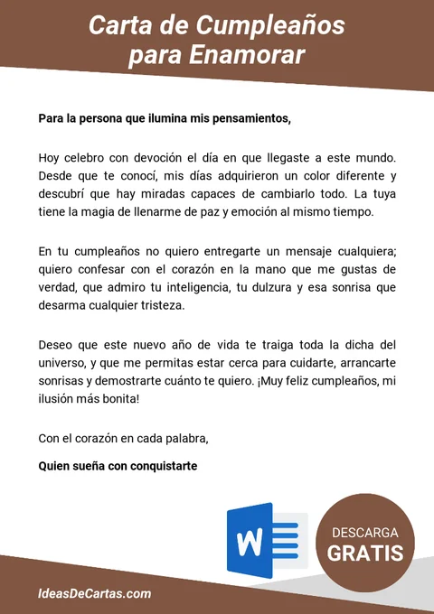 Plantilla de Carta de Cumpleaños para Enamorar para descargar y editar en Microsoft Word