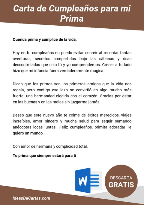 Plantilla de Carta de Cumpleaños para mi Prima para descargar y editar en Microsoft Word