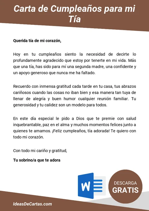 Plantilla de Carta de Cumpleaños para mi Tía para descargar y editar en Microsoft Word