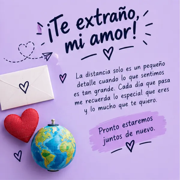 Tarjeta de amor a la distancia te extraño mi amor pronto estaremos juntos