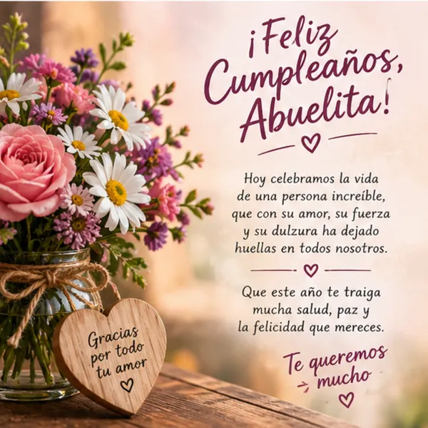 Dedicatoria de cumpleaños para mi abuela consentida con ramo floral y corazón