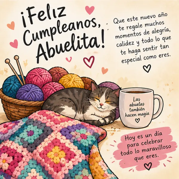 Tarjeta de feliz cumpleaños para mi abuela querida con ovillos y calidez de hogar