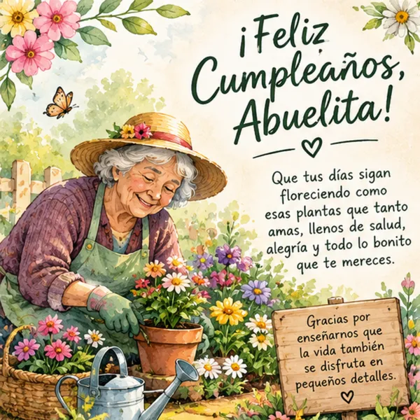Carta de cumpleaños para mi abuelita del alma regando flores en el jardín