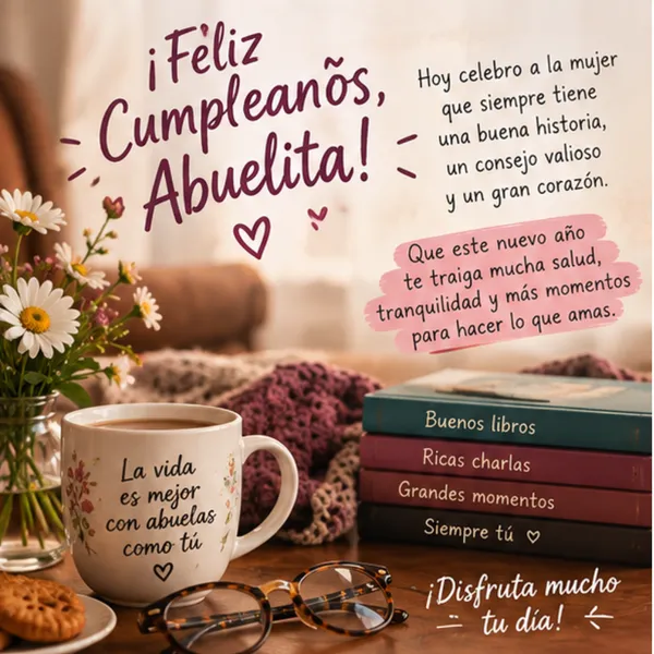 Carta de amor y sabiduría para el cumpleaños de mi abuela con libros y café