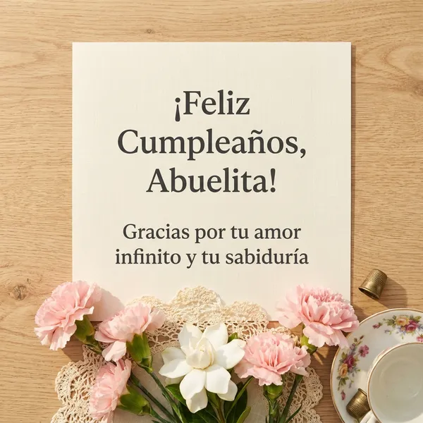 Tarjeta de feliz cumpleaños para mi abuelita con claveles rosas, encaje y taza de té