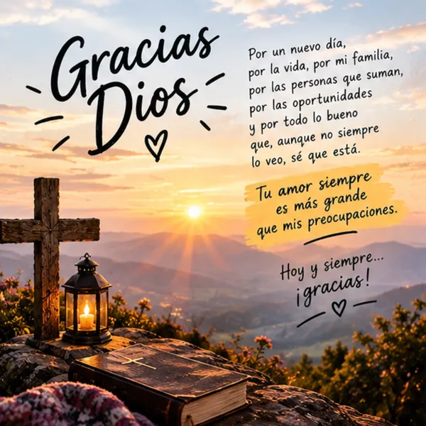 Tarjeta de agradecimiento a Dios con biblia, cruz y atardecer