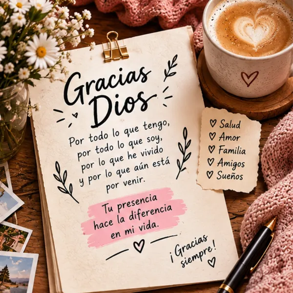 Tarjeta de agradecimiento a Dios con taza de café, notas de salud y familia