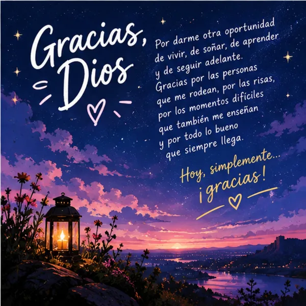 Tarjeta de agradecimiento a Dios con cielo estrellado nocturno y farol encendido
