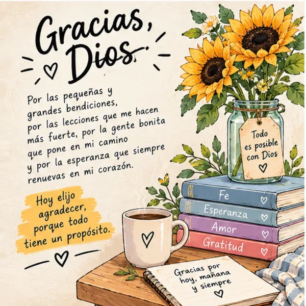 Tarjeta de agradecimiento a Dios con girasoles, taza de café y libros de fe