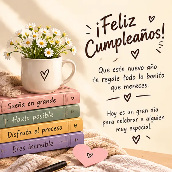Carta de cumpleaños para alguien muy especial con margaritas y libros inspiradores