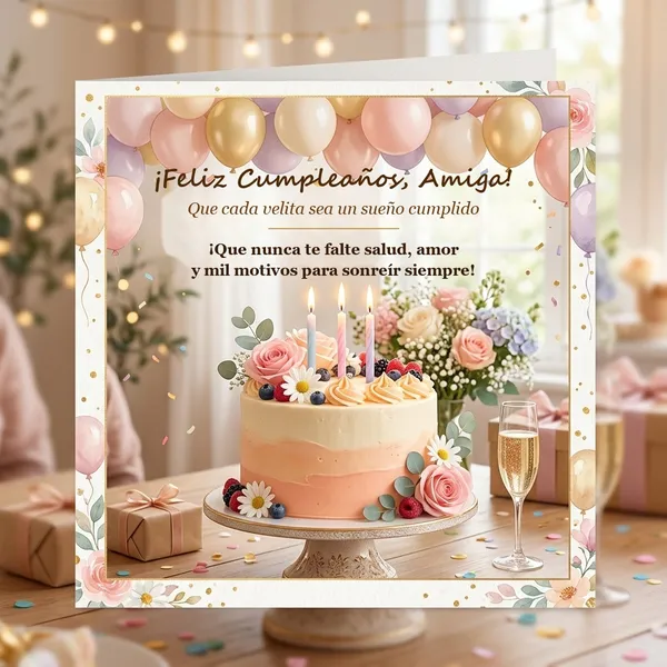 Tarjeta dulce de cumpleaños para amiga con tarta y velas