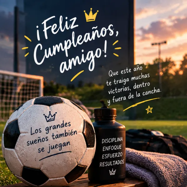 Carta de cumpleaños para un amigo deportista con balón de fútbol y pasión