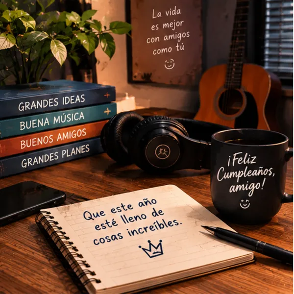Tarjeta de cumpleaños para un amigo con guitarra acústica y café