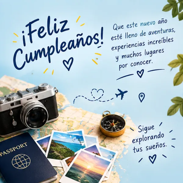 Dedicatoria de cumpleaños para un amigo explorador con cámara y pasaporte
