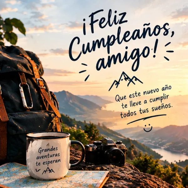 Tarjeta de feliz cumpleaños para un amigo aventurero con mochila y montaña