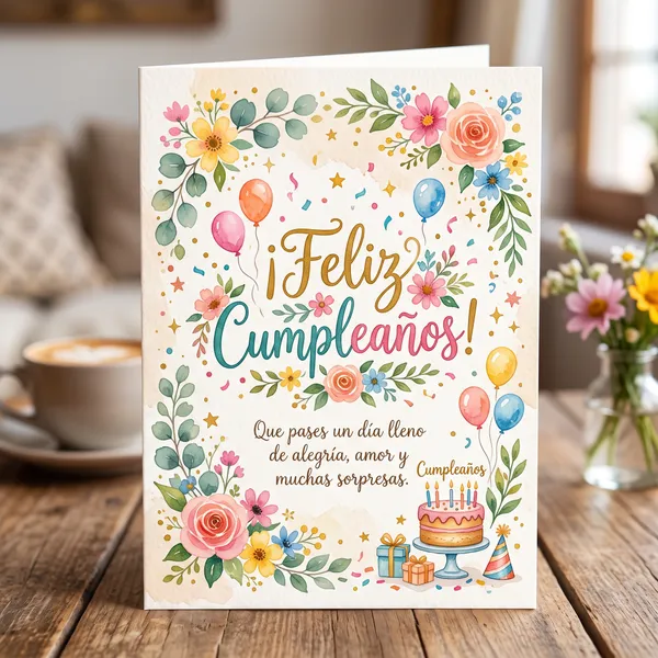 Tarjeta de feliz cumpleaños bonita con flores en acuarela, globos y tarta