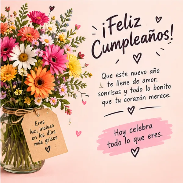 Tarjeta de cumpleaños bonita con flores y mensaje eres luz