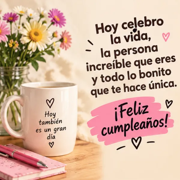 Dedicatoria de cumpleaños bonita con taza de café y margaritas amarillas