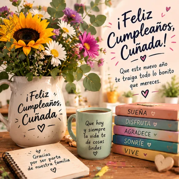 Tarjeta de feliz cumpleaños para mi cuñada y hermana del corazón con girasoles y ternura