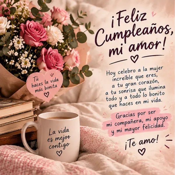 Tarjeta de feliz cumpleaños para mi esposa con flores y café