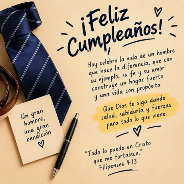Tarjeta de cumpleaños para mi esposo con Filipenses 4:13 y corbata elegante