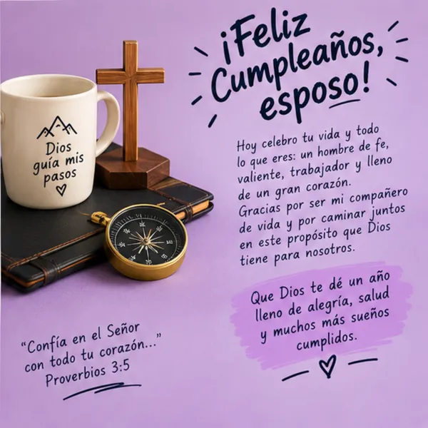 Tarjeta de cumpleaños para esposo con cruz dorada y Proverbios 3:5