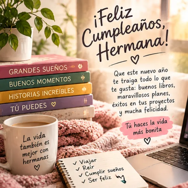 Dedicatoria de cumpleaños para mi hermana con café, libros y proyectos