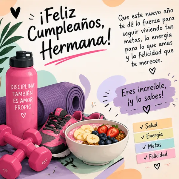 Tarjeta de feliz cumpleaños para mi hermana deportista con mancuernas y energía