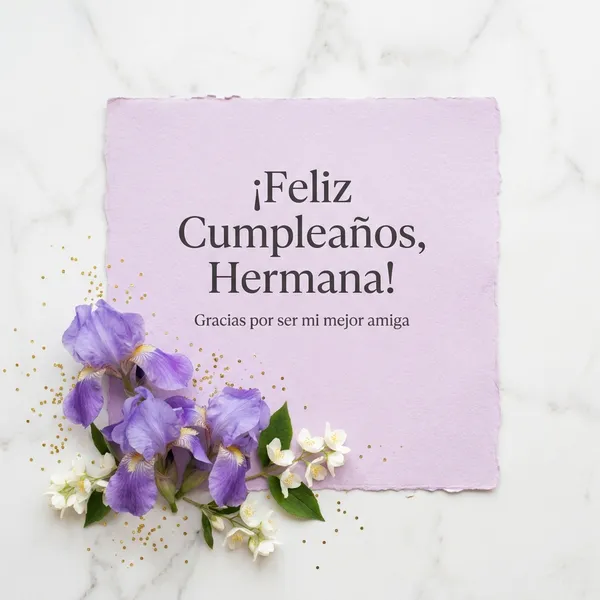 Tarjeta de feliz cumpleaños para mi hermana con lirios morados sobre mármol