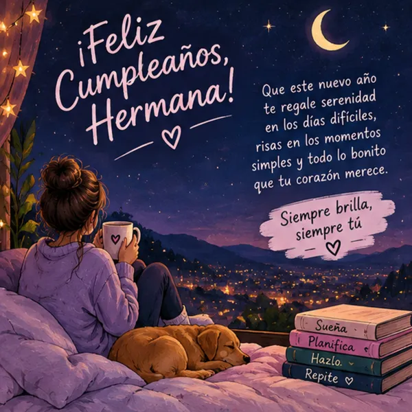 Felicitación emotiva de cumpleaños para mi hermana con noche estrellada y mascota