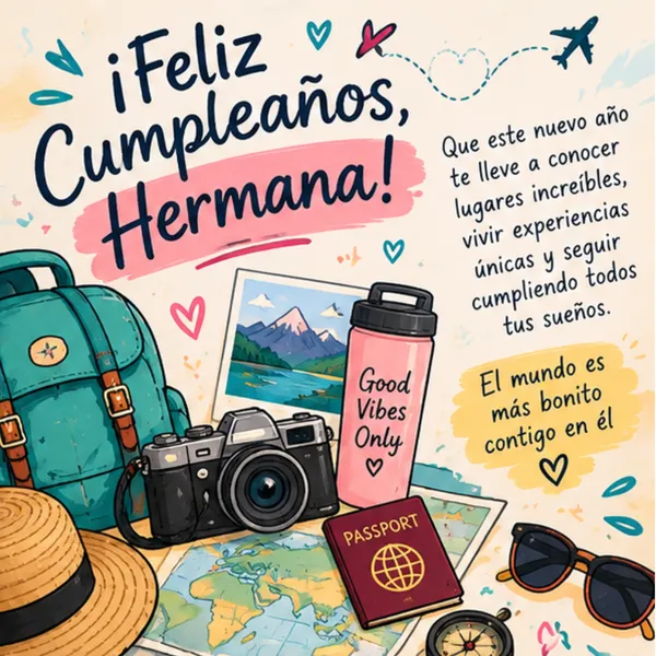Carta y tarjeta de cumpleaños para mi hermana aventurera con cámara y pasaporte