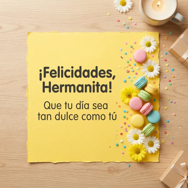 Tarjeta de felicidades para mi hermanita con macarons de colores y margaritas