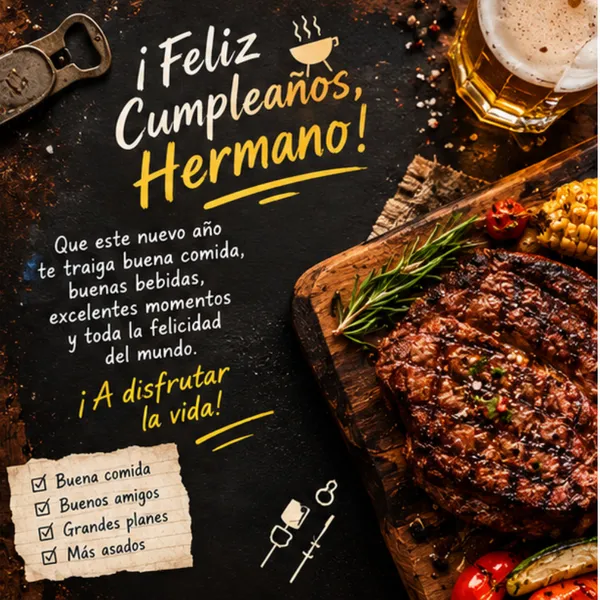 Tarjeta de feliz cumpleaños para mi hermano con asado, brindis y camaradería