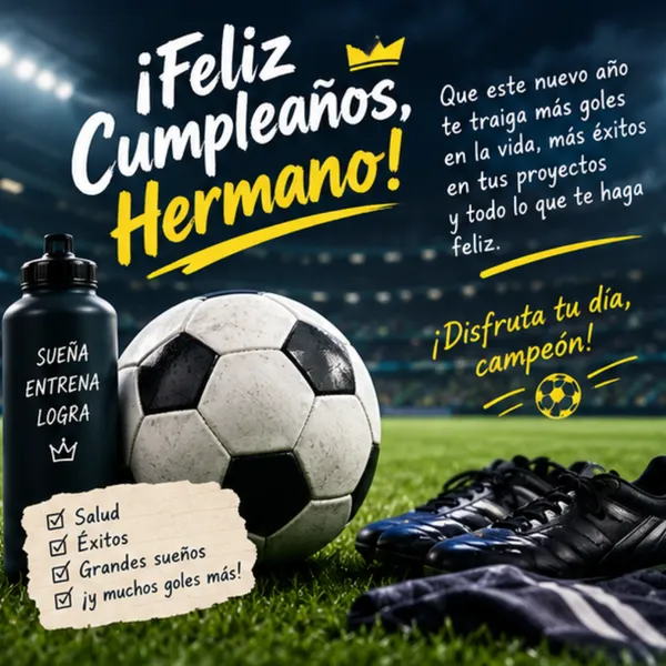 Dedicatoria de cumpleaños para mi hermano con balón de fútbol y estadio