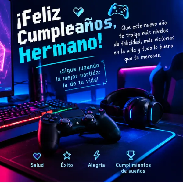 Felicitación original de cumpleaños para mi hermano con consola gamer y luces RGB