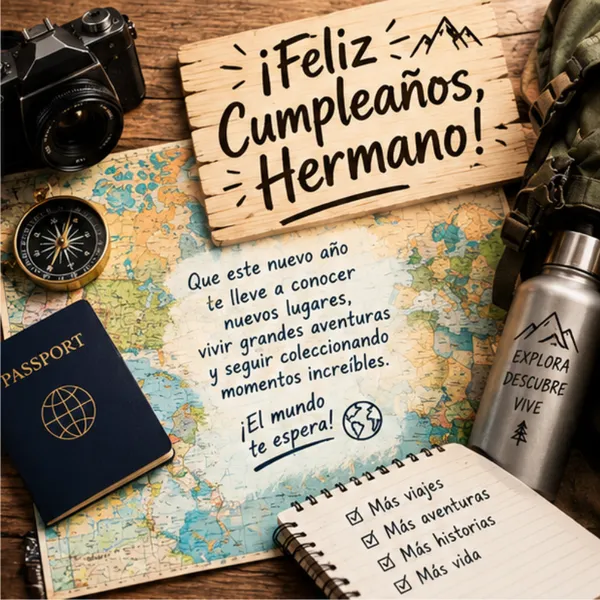 Carta y tarjeta de cumpleaños para mi hermano con mapa, brújula y pasaporte
