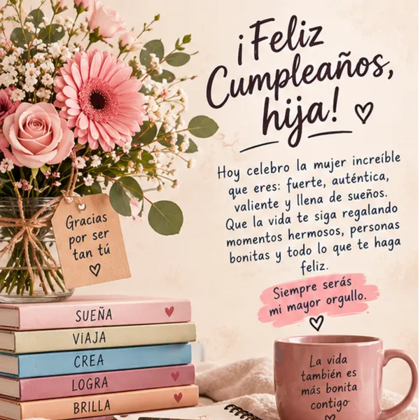 Carta de orgullo y amor para mi hija adulta con flores y libros