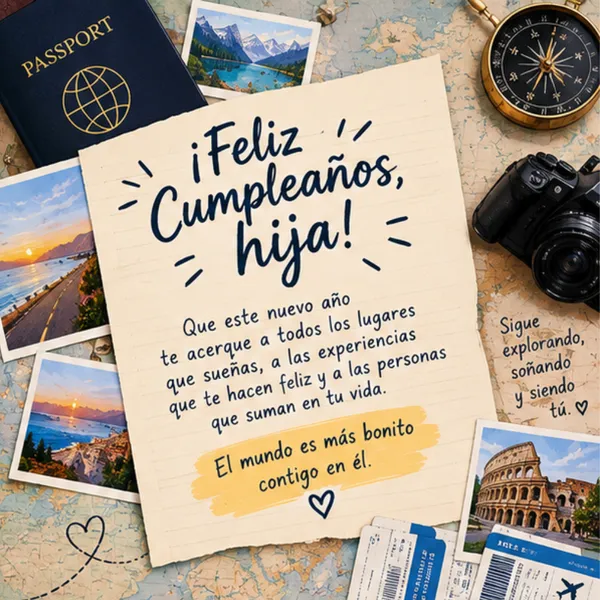 Carta de cumpleaños para mi hija adulta y viajera con pasaporte